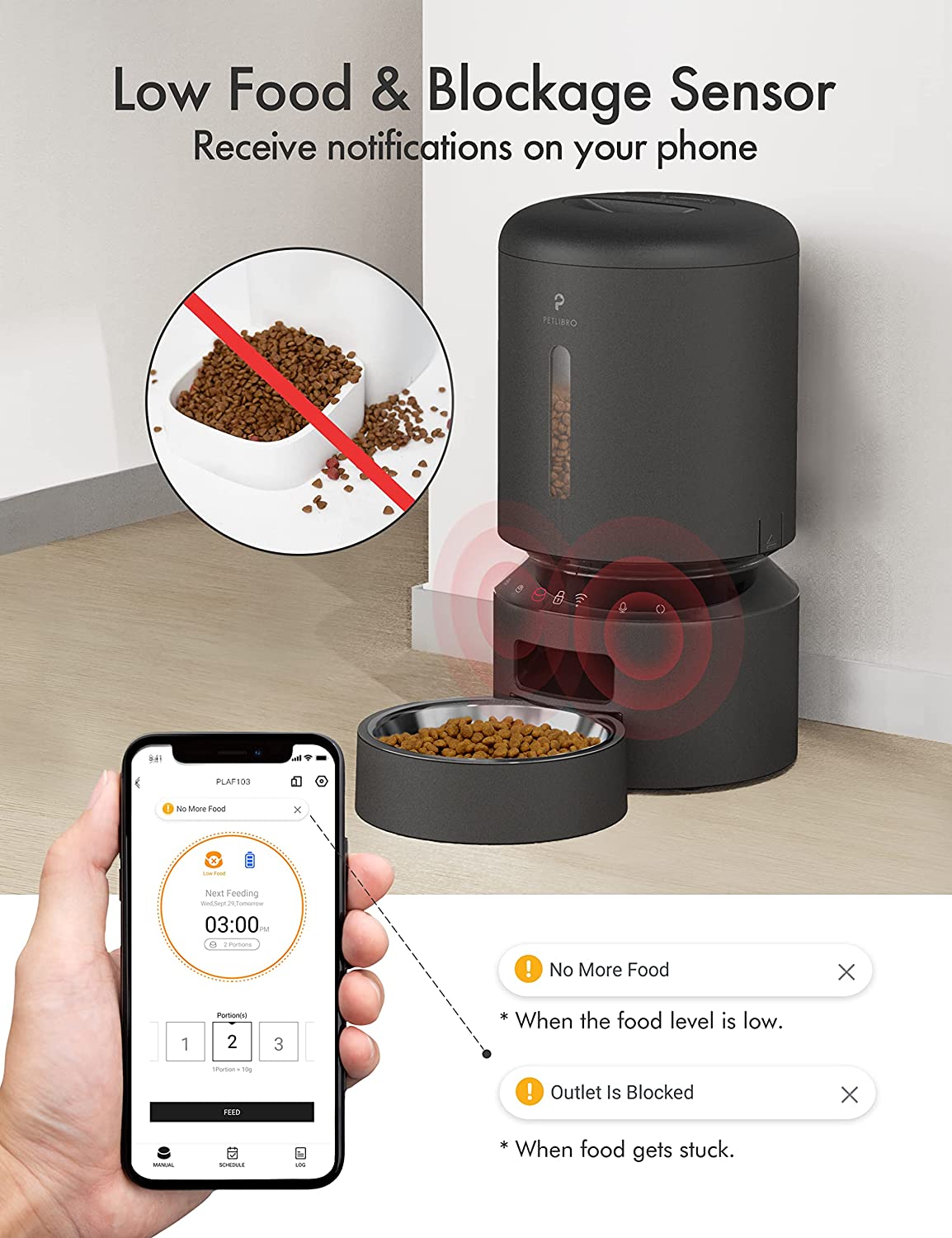 PETLIBRO automatic feeder and app showing food levels